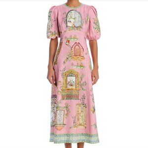 Alemais Women's Pink Puff Sleeve Monte printed linen midi dress